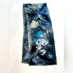 Vintage hand painted silk black grey blue gold feather design scarf 14” x 72”